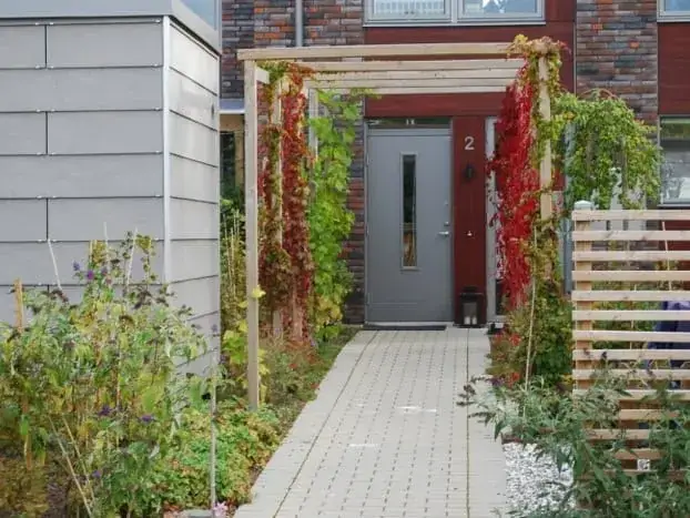 Nyanlagd trädgård med stenläggning och klätterväxter i Lund